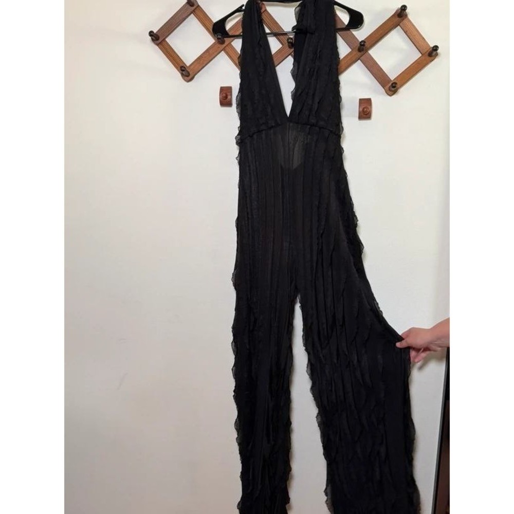AKIRA Textured Plisse Ruffle Wide Leg Jumpsuit Backless Halter XL